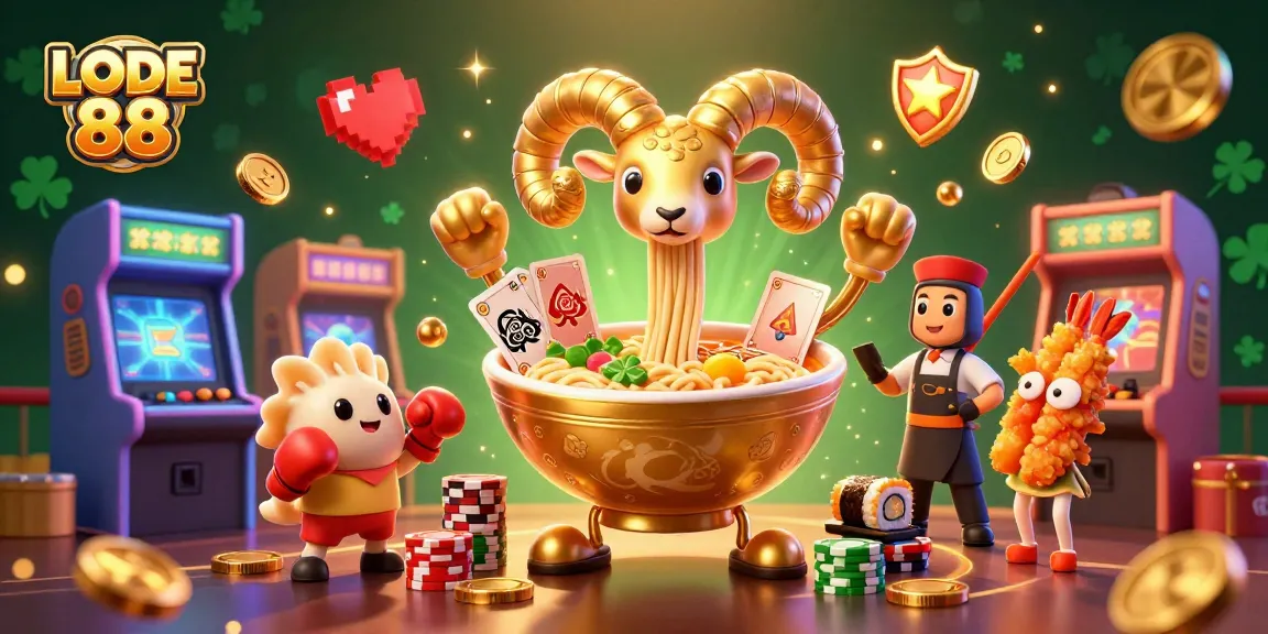 LODE 88 showcases a vibrant 3D casino scene with a giant ramen bowl character dealing cards and chips.
