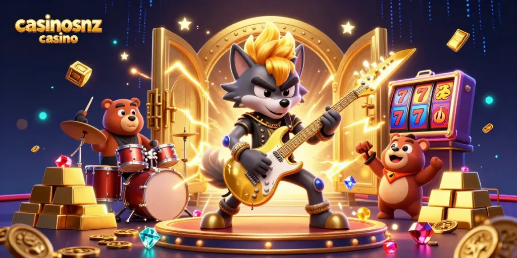 Experience the thrill of the casinosnz casino with vibrant 3D rock star characters and dazzling treasures.