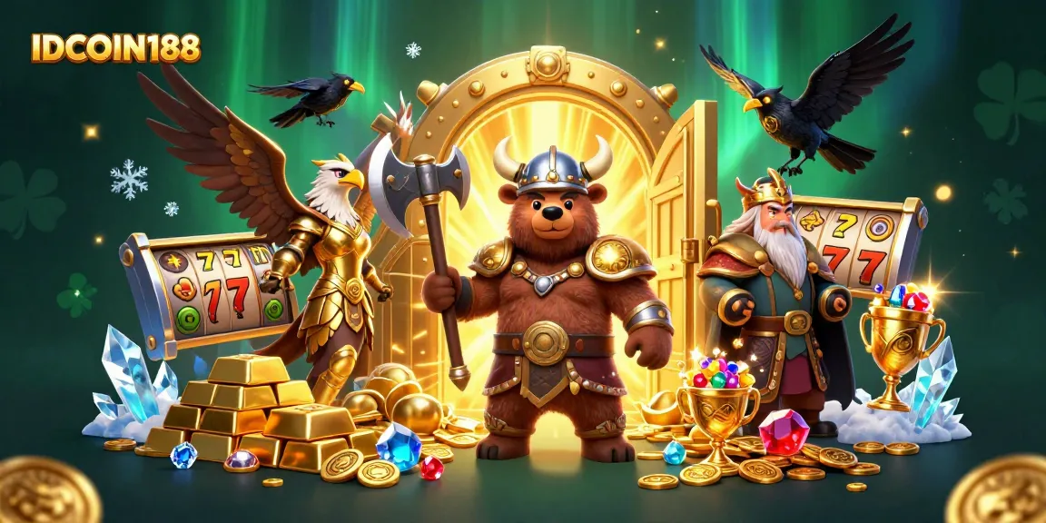 IDCOIN188 offers thrilling slots action featuring Viking and Valkyrie characters among treasure.