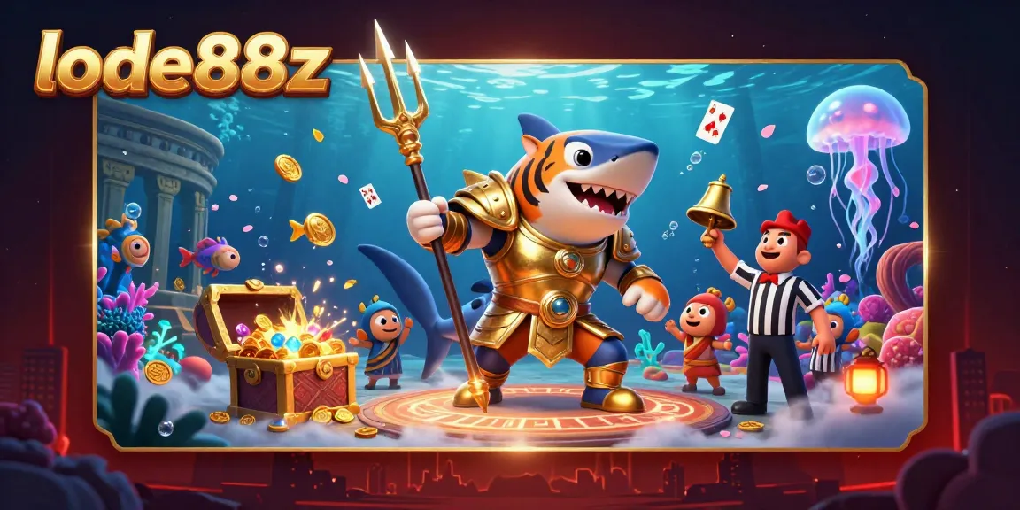 lode88z casino scene featuring a golden-armored tiger shark in an underwater colosseum with treasure.
