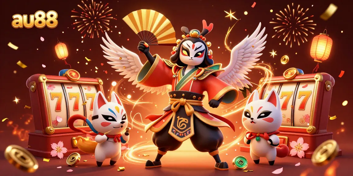 Win big at au88 with an enchanting 3D casino scene featuring kabuki warriors and lucky symbols.
